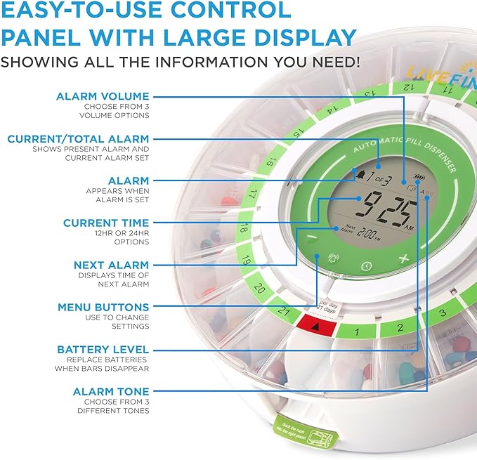 LiveFine Automatic Pill Dispenser with Removable Cups, 21 Compartments, 9 Dosage Rings, Alarm Reminder, LCD Display, Sound & Light Alerts, Locking Key for Vitamins, Supplements, Medications & Seniors