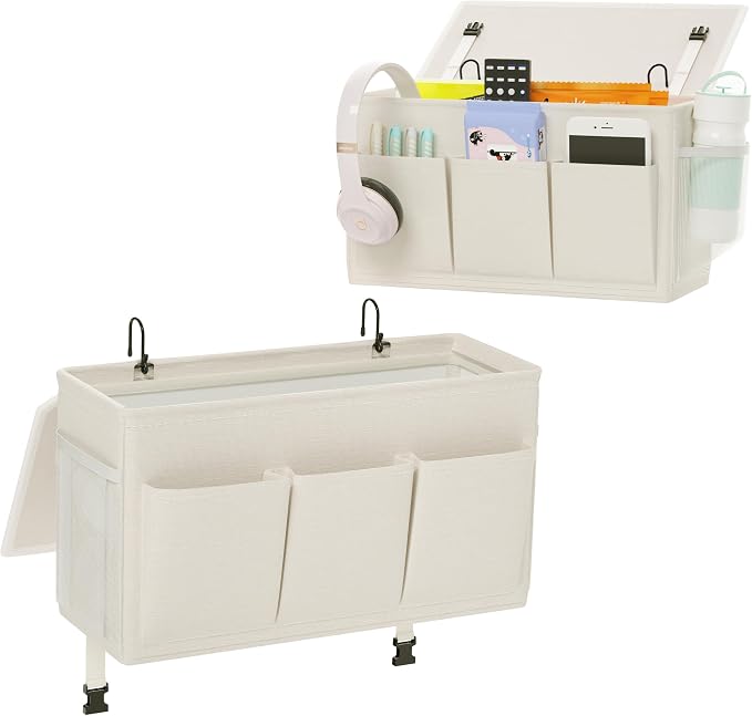 Bedside Caddy Storage Organizer for Bed Rails, Bed Caddy with 6 Pockets | Bedside Organizer with Fixed Straps and Hooks, Mattress Supported Versatile for Home, Dorm, Bunk, Hospital and Crib Bed