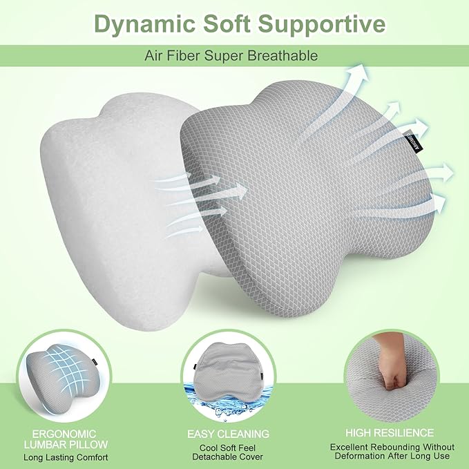 Lumbar Support Pillow Office Chair Car Back Pillow Ergonomic Lower Back Pain Relief Breathable Air Fiber Cushion with Hours Sitting on Worker Driver & Handicapped, Adjustable Strap (Light Gray)