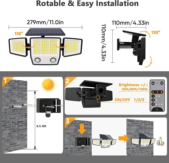 MDCMDCM Solar Lights Outdoor Waterproof with Dual Motion Sensors - 3000LM Solar Security Light for Garden Patio Pathway Fence, IP65 Waterproof Solar Flood Lights