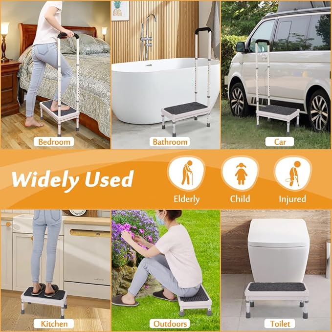 Step Stool with Handle for Elderly Adults, High Beds Steps Heavy Duty Metal Stepping Stool Mobility Aids Stand Assist, Medical Adjustable Bariatric Step Stool for Kitchen, Bedside, SUV, Bath - 400 lbs