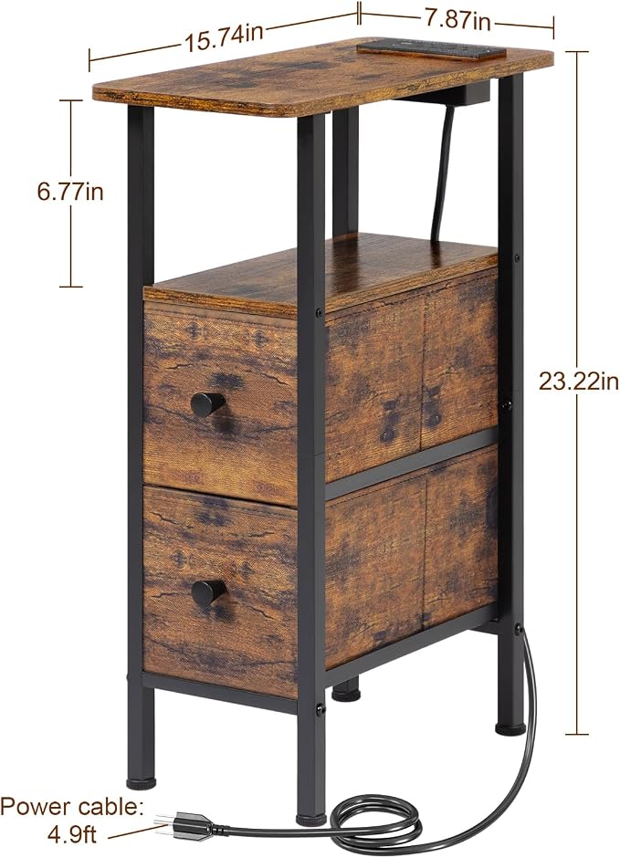 Narrow End Table with Charging Station, Small Nightstand | Skinny Side Tables Living Room with 2 Fabric Drawers, Slim Bedside Table with LED Lights for Bedroom, Small Spaces, Brown
