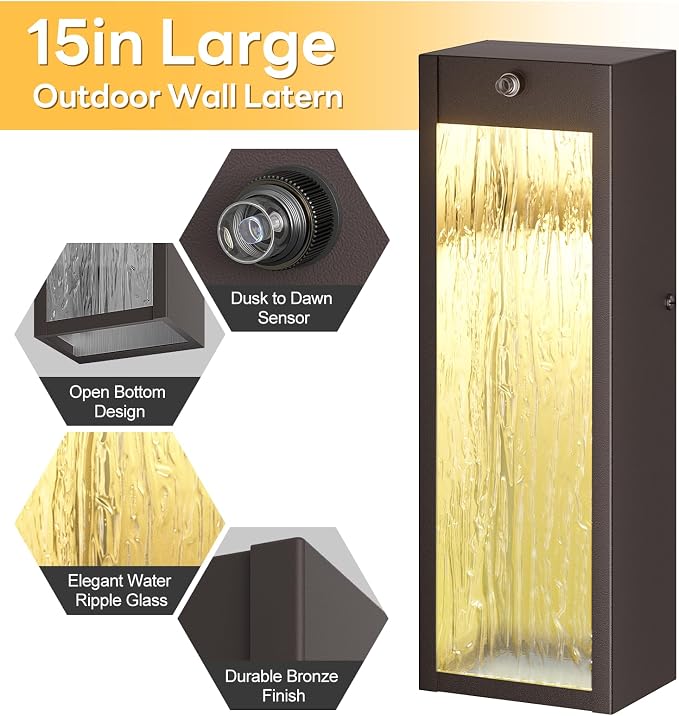 2 Pack LED Outdoor Wall Light 15in Dusk to Dawn Bronze Porch Light | Oil-Rubbed Exterior Lantern, Modern Water Rippleed Sconces, Waterproof Lighting Fixtures, Outside Lamp for Front Door