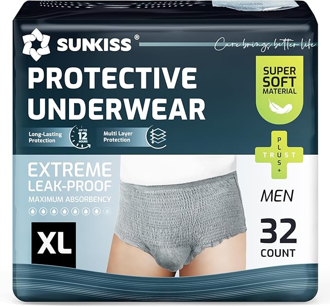 SUNKISS Incontinence Underwear for Men,Daytime Disposable Adult Pull Ups,Mens Protective Briefs with Maximum Absorbency, XLarge, Grey, 32 Count