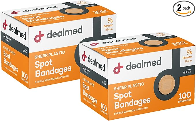 Dealmed Sheer Plastic Spot Bandages – 7/8” Small Round Sterile Strips, Adhesive Outer with Non-Stick Pad, Latex Free, Wound Care for First Aid Kit, 100 per Box (2 Pack)