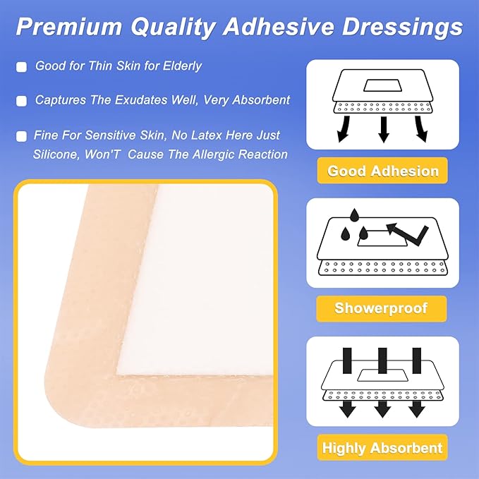 Niceful Silicone Foam Dressing | Large Bandages for Wounds Pressure Sores Post-Surgery 5"x5" （10Pcs）