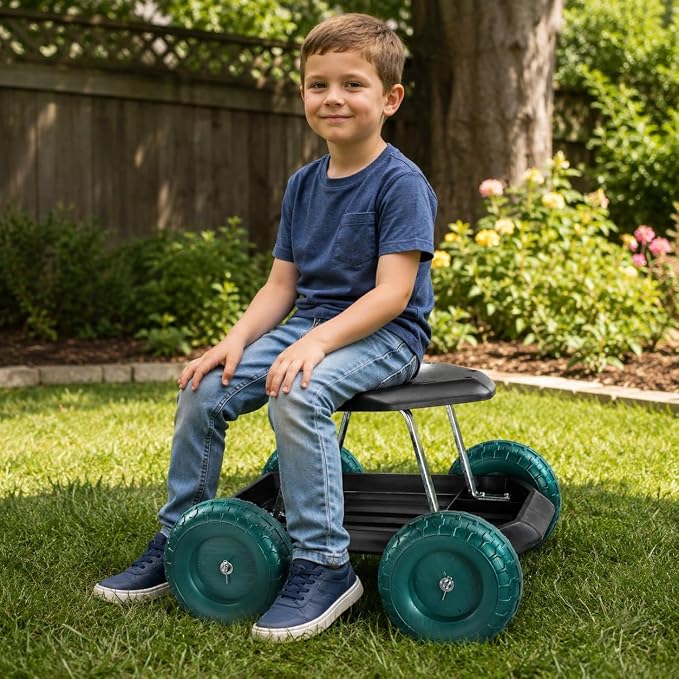 BEETOW Rolling Garden Seat with Wheels, Gardening Stool and Garden Scooter Cart with Storage Tool Tray, Rolling Garden Work Seat for Weeding, Planting, Pruning, Yard Work and Garage Repair