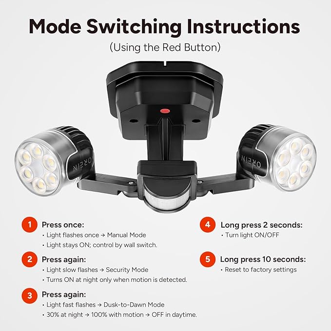 OREiN Motion Sensor Outdoor Security Light, Adjustable Dual-Head LED Flood Light, 3 Modes(Motion/Manual/Dusk to Dawn), 150W Equivalent 5000K, IP65 Waterproof Exterior Lighting, Hardwired