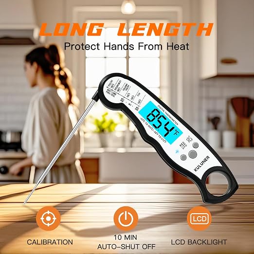 Instant Read Food Thermometer, White Waterproof Digital Meat Thermometer with 4.6" Folding Probe, Backlight & Calibration, 2-3s Fast Reading for Kitchen Baking Grilling Cooking - White