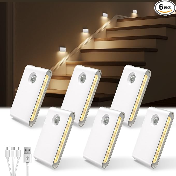 EZVALO 6 Pack Motion Sensor Night Lights, Sync LED Stair Lights Indoor, 1500mAh Rechargeable, Magnetic & Dimmable, 3000K Soft White, Portable Nightlight for Hallway, Stairs, Bathroom, Bedroom