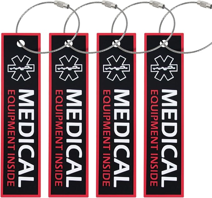 4pck-CPAP & Medical Equipment Alert Tags, Durable PVC Medical Luggage Flight Tags for Travel, Mobility Device & Unique Identification(4.9inch*1.18inch)