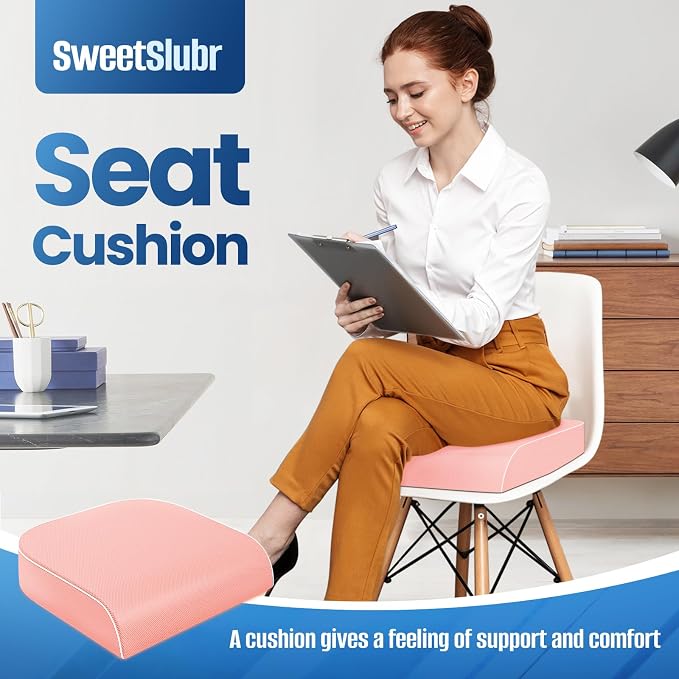 SweetSlubr Seat Cushion for Tailbone Pain Relief, Office Chair Cushion, Memory Foam Large Chair Pad with Non-Slip Cover for Soft Support at Office Chair, Car Seat, Airplane Pink/2X-Large