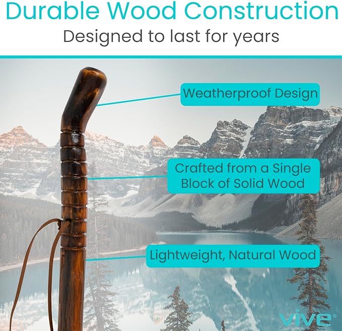 Vive Wooden Walking Stick for Hiking - Handcrafted, Waterproof, with Leather Wrist Strap - Wood Staff for Balance, Women, Men, Seniors - Non-Slip Tip for Safety
