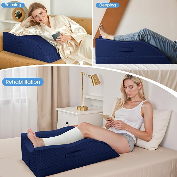 TranquilRelax Elevation Pillows for Leg After Surgery, Memory Foam Adjustable Wedge Pillow for Injury or Rest, Ankle Pillow for Sleeping Blood Circulation, Full Blue/Double Leg
