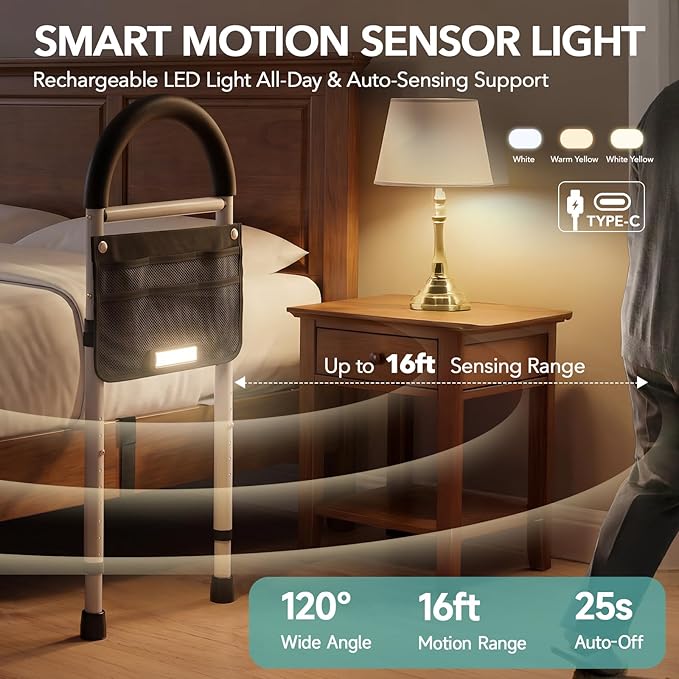 HOMENURSE Bed Rails for Elderly Adults Safety, Motion Sensor Light, 350lb | ASTM Approved, Tool-Free Bed Cane, Non-Slip Handle & Feet, Adjustable Height Fits 12.7"-20.7" Bed Frame, King Queen Full Twin
