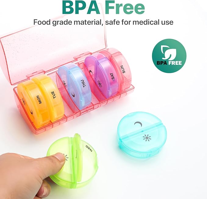 Sukuos Large Weekly Pill Organizer 2 Times a Day, Daily Pill Box 7 Day Easy to Open with Double Protection, AM PM Pill Case for Medicine/Vitamin/Fish Oil/Supplements (Glitter Pink)