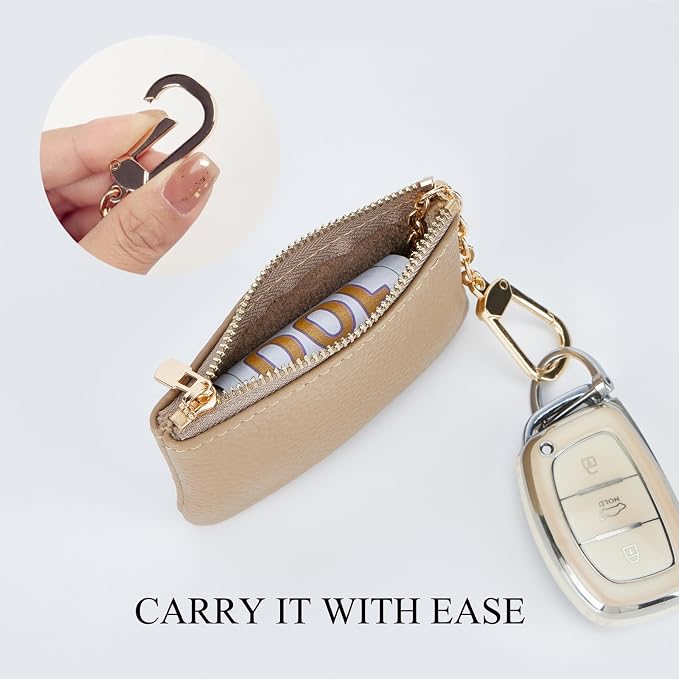 Full Grain Leather Coin Purse with Key Chain - Small Change Purse Keychain Card Holder Pouch Small Wallet for Women and Men (Elephant Gray)