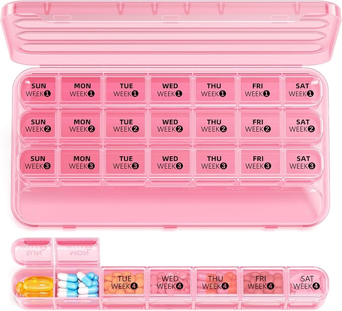 Daviky Monthly Pill Organizer 28 Day, 4 Week Pill Box with Removable Weekly Trays, Large BPA-Free Pill Organizer for Vitamins, Supplements and Medication, Travel Pill Case with Storage Box, Pink