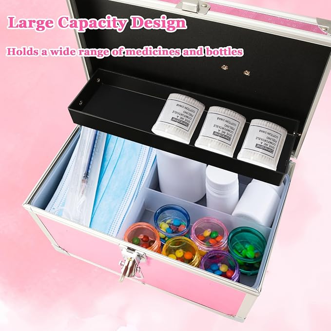 12 x 7 x 7.5 Inch Medication Lock Box with Key, Locking Box with Portable Storage Case, Security Lock Boxes Medicine Storage Box for Cash, Medicine, Documents and Valuables - Pink