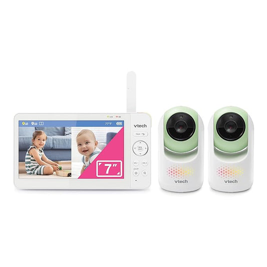 VTech 2-Cameras Video Baby Monitor with 7" Color LCD Screen, Rechargeable Battery, Video and Audio Streaming, Pan-Tilt-Zoom, Touch Multi-Color Night Light, Two-Way Talk: Advanced Max Twin (Green)