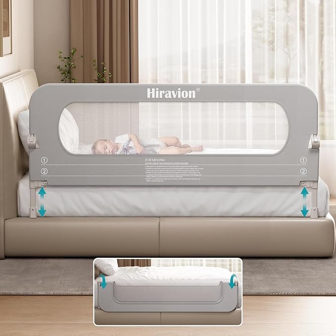 Bed Rail for Toddlers - 59 Inch Foldable Baby Guard | Height Adjustable | Foldable | Fits Full/Queen/King/Twin Beds | U-shape base provides Safety sleep protection | Grey