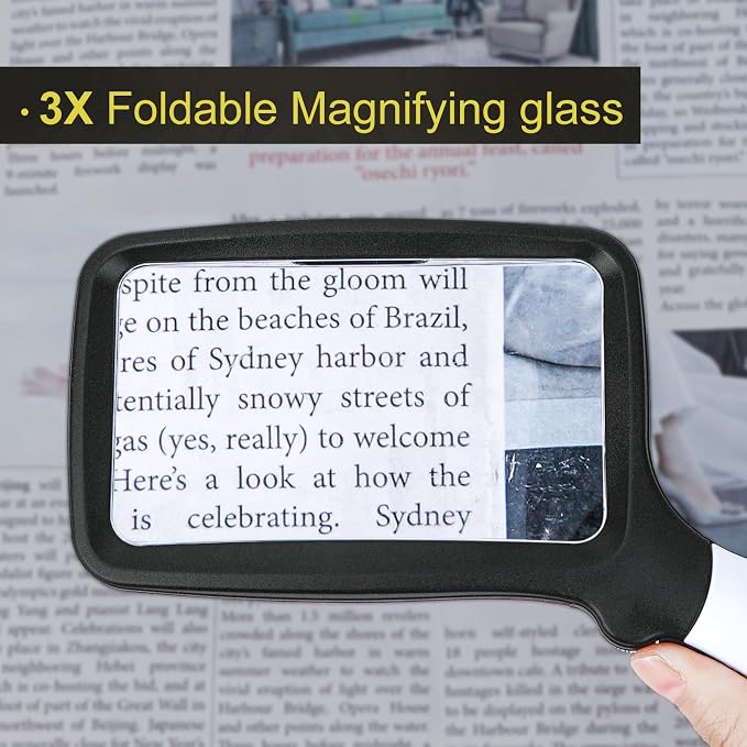 3X Folding Magnifying Glass with Light, Retancular Lighted Magnifier with 5 LED Lights, Handhold Page Magnify Lens Seniors Gift for Reading Books, Coins, Maps, Inspection, Exploring -Black