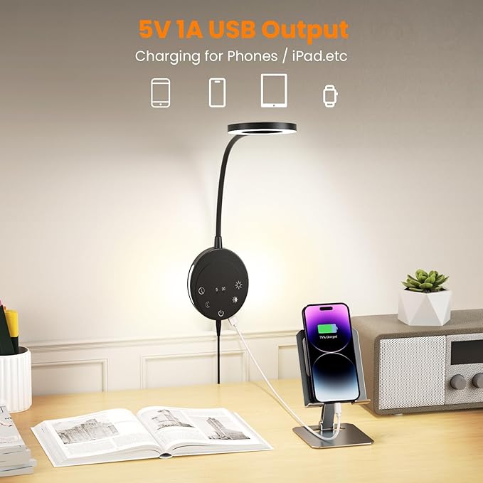 Wall Mounted Reading Light,Headboard Reading Lamp with 5 Color Temperature &5 Dimming,360°Flexible Gooseneck,USB Output, Night Light&Timer Function- Perfect for Reading in Bed Black 2 PCS