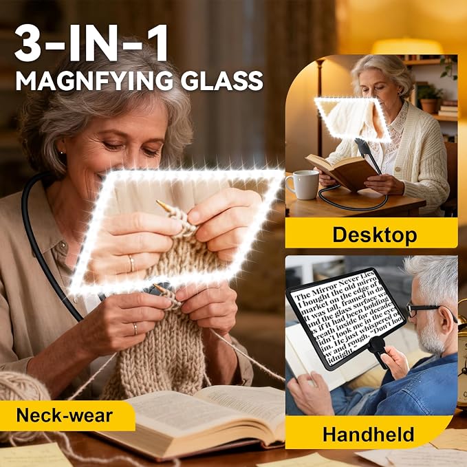 10X Large Magnifying Glass with Lights for Reading,Full-Page Magnifier for Reading Rechargeable 50 LED Lights,Neck-Wear Magnifying Glass with Light, Close Work, Sewing, Low Vision, and Seniors