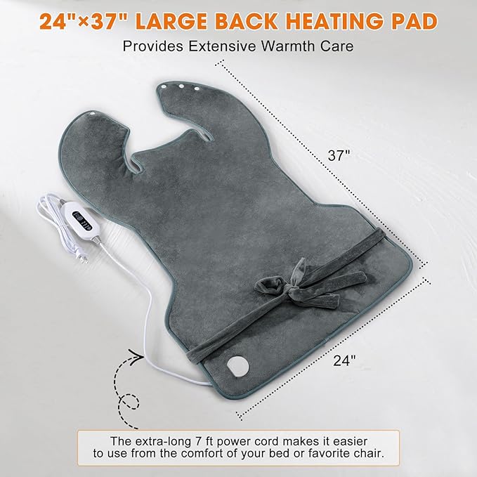 Heating Pad for Back Neck Shoulders, Large Wearable Relax Muscles, Birthday Gifts for Women Men Mom Dad Elderly, 3 Heat Settings/2-Hour Safe Auto-Off, 24"×37" Ergonomic Fit Design-Gray
