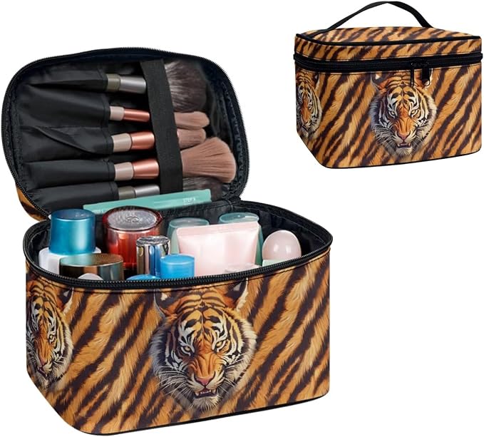 Tiger Head Print Cosmetic Bag Makeup Bags Toiletry Pouch, Black Orange Tiger Stripes Makeup Cosmetic Organizer Dopp Kit Travel Accessories Essentials
