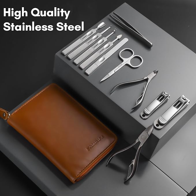 FAMILIFE Manicure Set, 11 in 1 Professional Manicure Kit Nail Clippers Set, Stainless Steel Pedicure Tools Toe Nail Kit, Men Grooming Tool with Portable Brown Leather Travel Case Gifts for Men Women