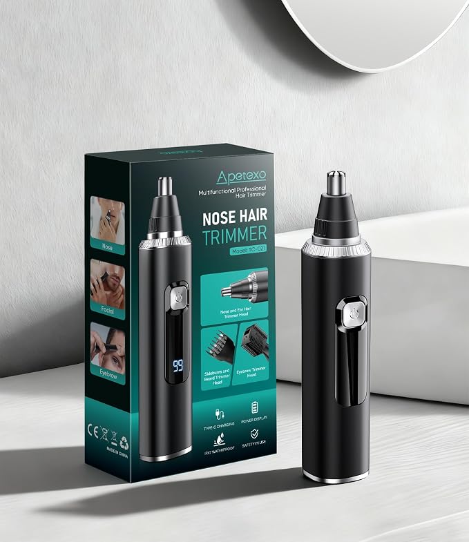 Nose Hair Trimmer for Men and Women, Type-C Rechargeable Precision Groomer with Double-Edged Blades, Painless & IPX7 Waterproof Design for Nose, Ears, Eyebrows and Facial Hair - Black