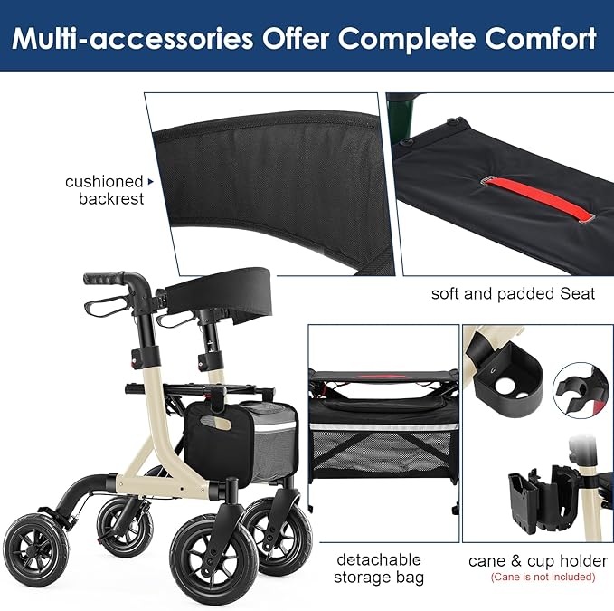 Walkers for Seniors, Rollator Walker with Seat, 10" Rubber Wheels All Terrain Rollator Walker with Backrest, Aluminum Walkers Built-in Cable, Foldable and Adjustable Height for Seniors, Beige