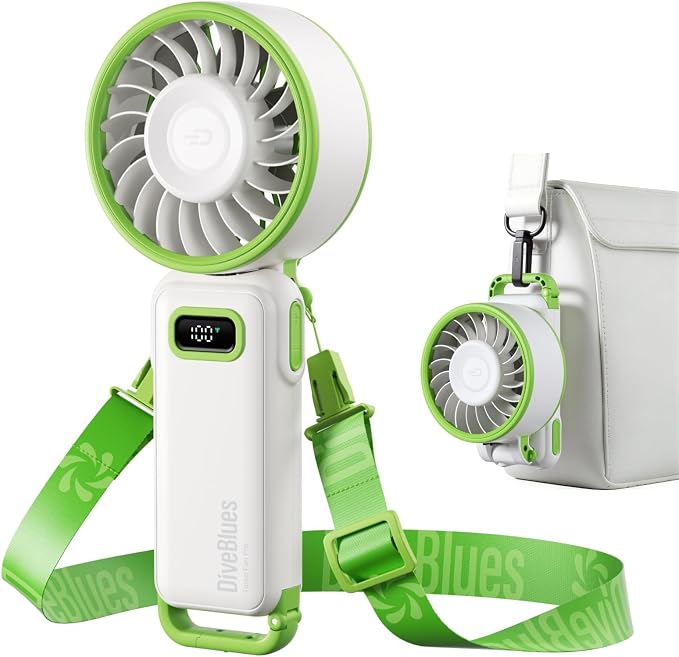 Diveblues Portable Turbo Fan, 7.4m/s High Speed Handheld Fan, 180° Foldable 4-in-1 Personal Neck Fan with Carabiner Clip, 100 Speed Stepless Control, USB-C Rechargeable for Travel, Makeup Hot Flashes