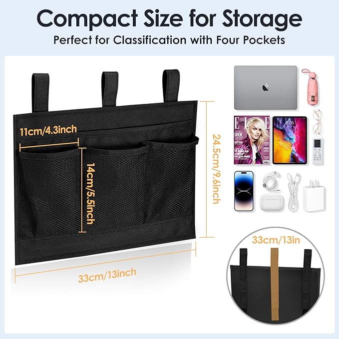 Bedside Caddy Storage Organizer, Hanging Storage Bag Pocket | Bunk/Hospital Beds, College Dorm Organizer for Remotes Phone,College Dorm,Camp,Bed Rails(4 Pockets),Black