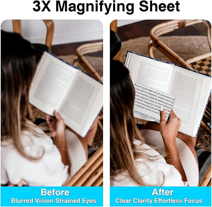 4 Pcs Magnifying Sheet 3X Page Magnifier for Reading Lightweight PVC Fresnel Lens with 4 Pcs Magnifying Bookmark Ruler for Low Vision & Seniors