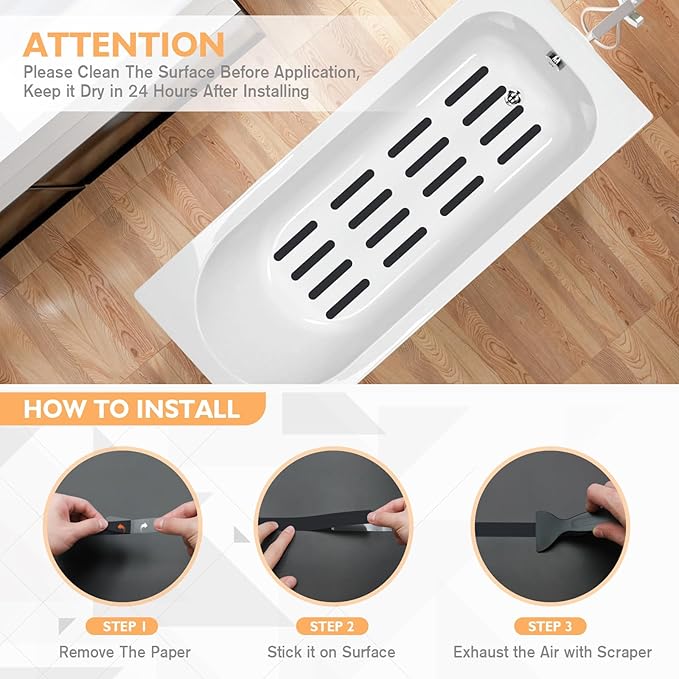 Non Slip Bathtub Stickers, 24 PCS Shower Stickers for Safety Bathroom Tubs, Bathtub Non Slip Stickers and Adhesive Decals Scraper for Bath Tub, Shower Floor, Stairs, Ladders(Black)