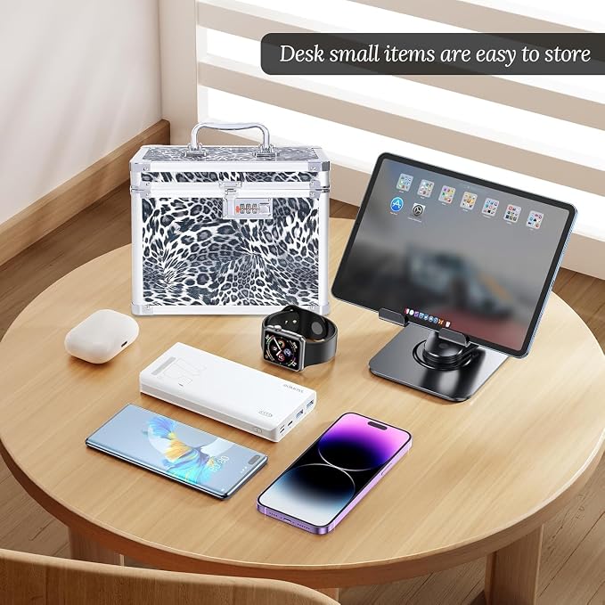 Medication Combination Lock Boxes with Code for Personal Items, Medicine Lockbox for Documents 10 x 7.25 x 7.75 Inches Black Leopard