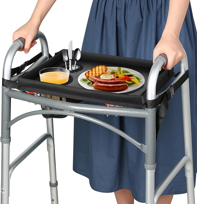 Walker Tray for Folding Walker, Trays for Walkers Detachable with Cup Holder,Walker Trays for Rolling Folding Walker,Walker Accessories for Elderly (Black Without Pockets with Baffles)