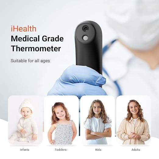 iHealth No-Touch Forehead Thermometer for Adults, Babies, Kids PT3 Black | 1s Fast Accurate, 3 Ultra-Sensitive Sensors, Quiet Vibration Feedback, Digital Large LED Digits, Use for Home & Nurses