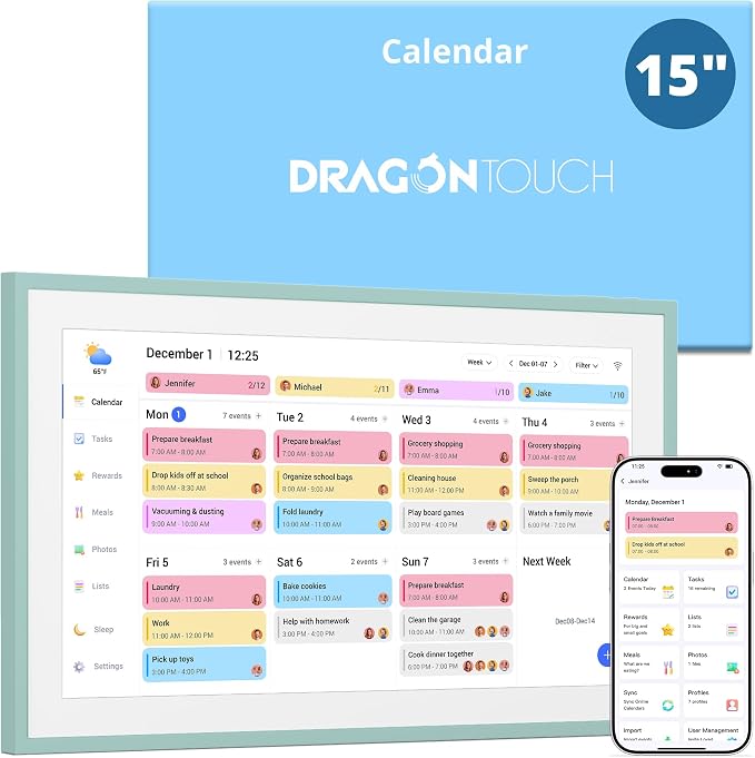 Dragon Touch 15.6 inch Digital Calendar & Chore Chart - Interactive Touchscreen Smart Family Planner,Digital Picture Frame for Mom, Women, Christmas & Weddings Green