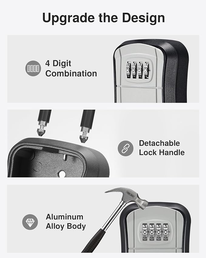 Puroma Key Lock Box Outdoor 4 Digit Code Combination Lockbox House, 8 Gray | For Contractors Guest Realtor Storage Keys, Portable, Home Wall Mount, Resettable, Combination, Weatherproof, High-capacity