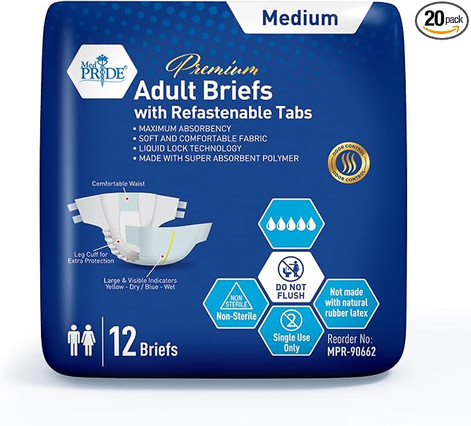 MED PRIDE Maximum Absorbency Adult Briefs for Incontinence with Refastenable Tabs - Ultra-Absorbent Adult Diapers for Men & Women- Bladder Control Unisex Disposable Underwear (Medium - Bag of 12)