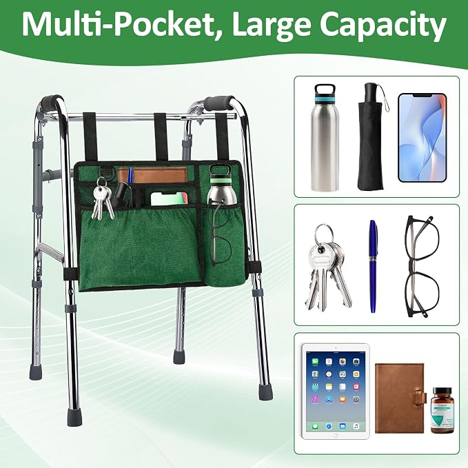 Walker Accessories, Foldable Walker Basket with Cup Holder (Green) | Walker Bag Carry Storage Pouch Water-Resistant for Seniors, Elderly, Handicap