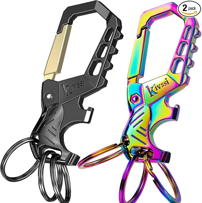 Kivssi Heavy duty metal keychains, Carabiner clip Car key chains,Fashion family keychain bottle opener and 3 Key Rings suitable for men and women.(Gold+Multicolor)