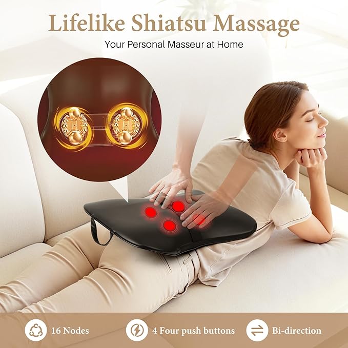 Wireless Shiatsu Neck and Back Massager with Heat,3D Kneading Up & Down Rolling for Neck, Back,Shoulder Pain Relief,Portable Deep Tissue Massage Pillow for Home,Office,Car Use,Ideal Gift for Mom&Dad