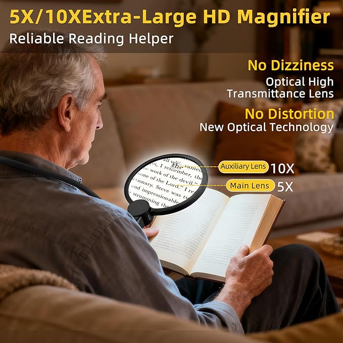 Hands Free Magnifying Glass with Light for Close Work, 5.5 Inch 5X 10X Multi-Functional Lighted, Neck Wear Magnifier for Reading Books, Sewing, Handmade, Low Vision Seniors (Black)