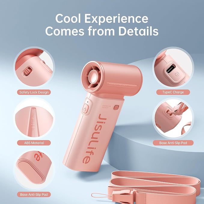 JISULIFE Portable Handheld Fan Life9, Turbo Airflow, Up to 18H Runtime | 5 Speeds, 5000mAh, Mini Pocket Design, Personal Fan for Travel, Concerts, Makeup, Trendy Gifts for Women Men -Pink
