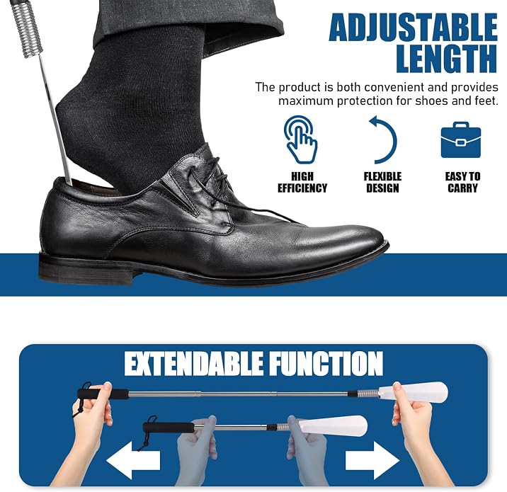 2 Pieces Shoe Horn Long Handle for Seniors, Stainless Steel Boot Horn Lifer, Shoe Helper Stick Aid Tools