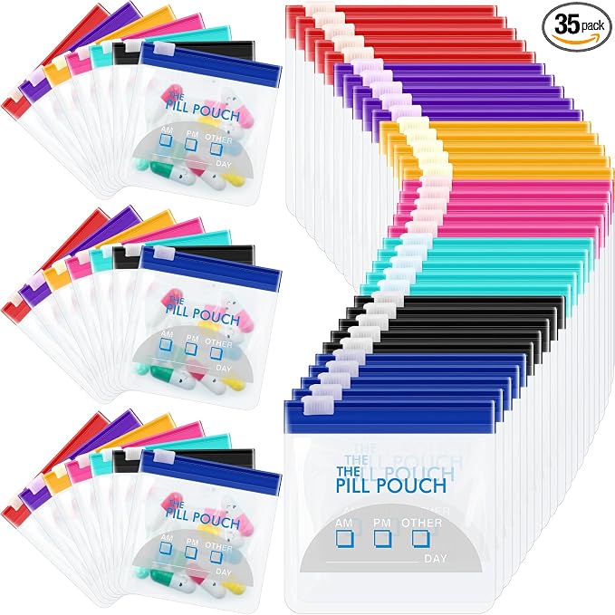 Sherr 35 Pcs Pill Pouch Bags with Zipper Pill Pouch Set Travel Reusable Translucent Medicine Organizer Self Sealing Plastic Bag with Slide Lock for Storage(Vivid Colors,3 x 3 Inch,Day Style)
